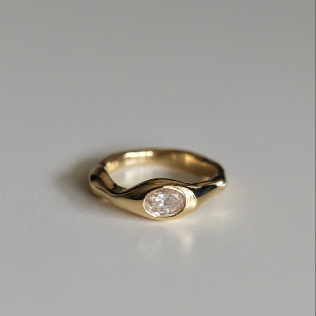 Oval White Glass Gold Ring