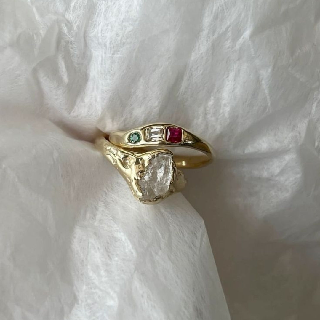 Colorful White Glass Gold Wavy Ring