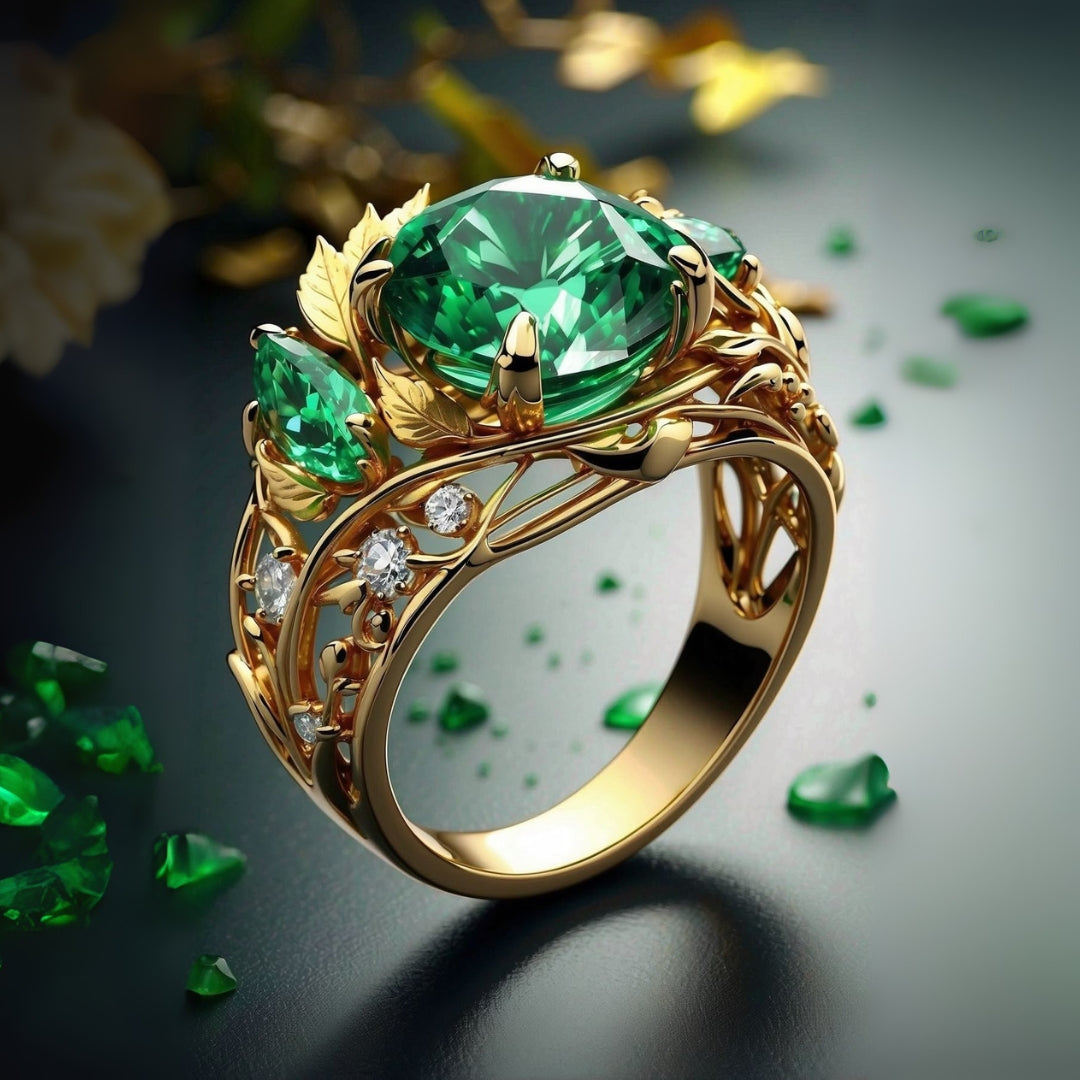 Green Glass Exotic Gold Ring