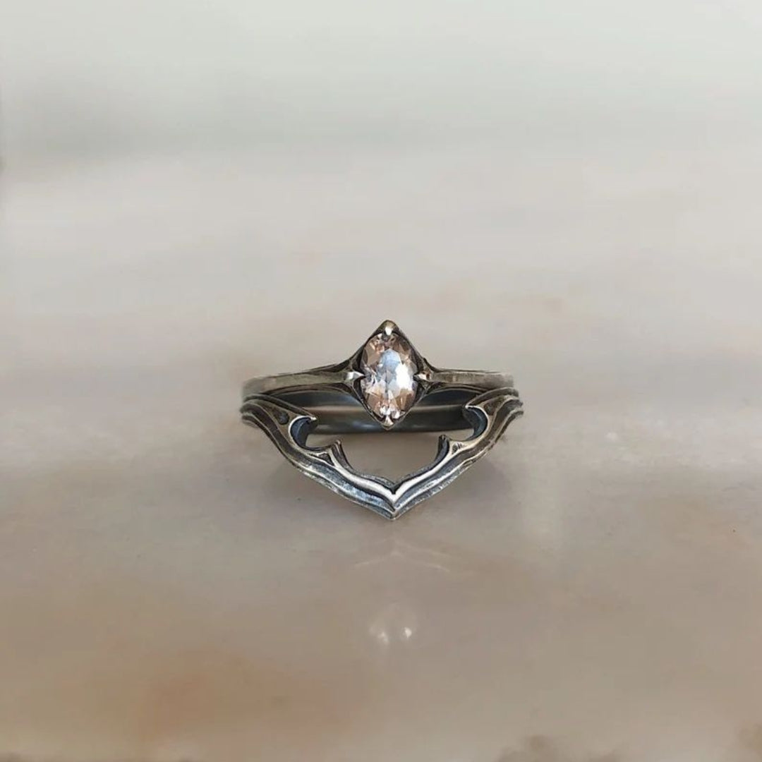 Vintage White Glass Dark Silver Ring