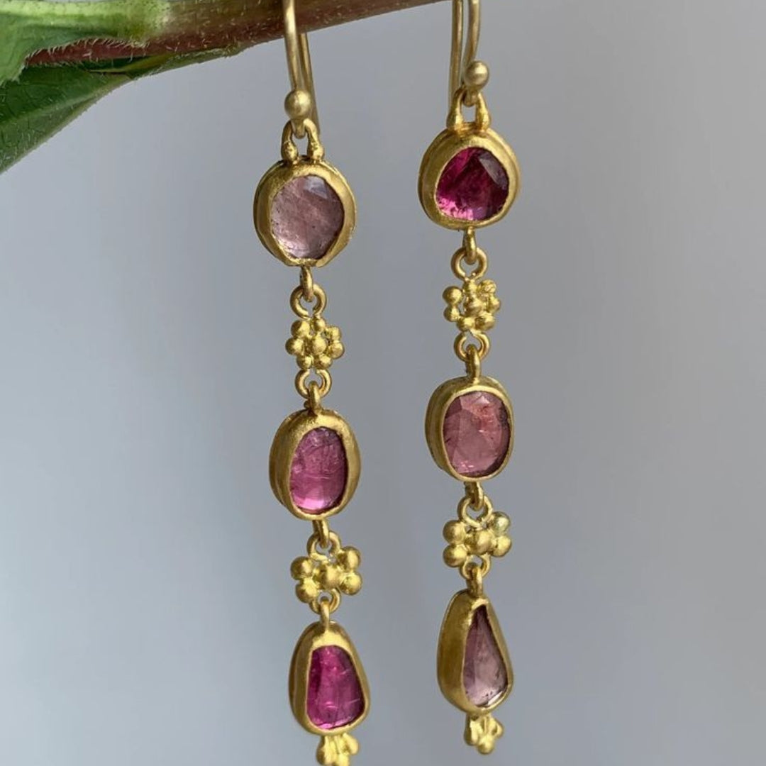 Dangling Red Stone Gold Earrings