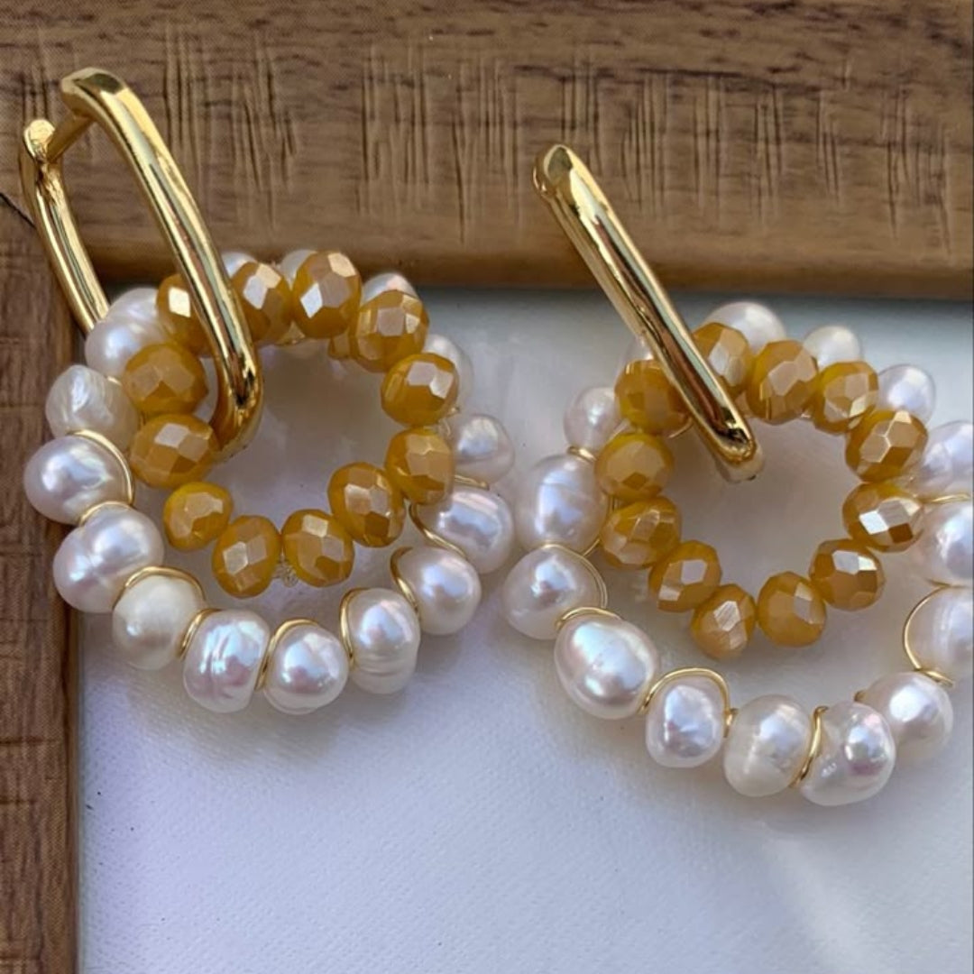 Circular Golden & White Bead Earrings