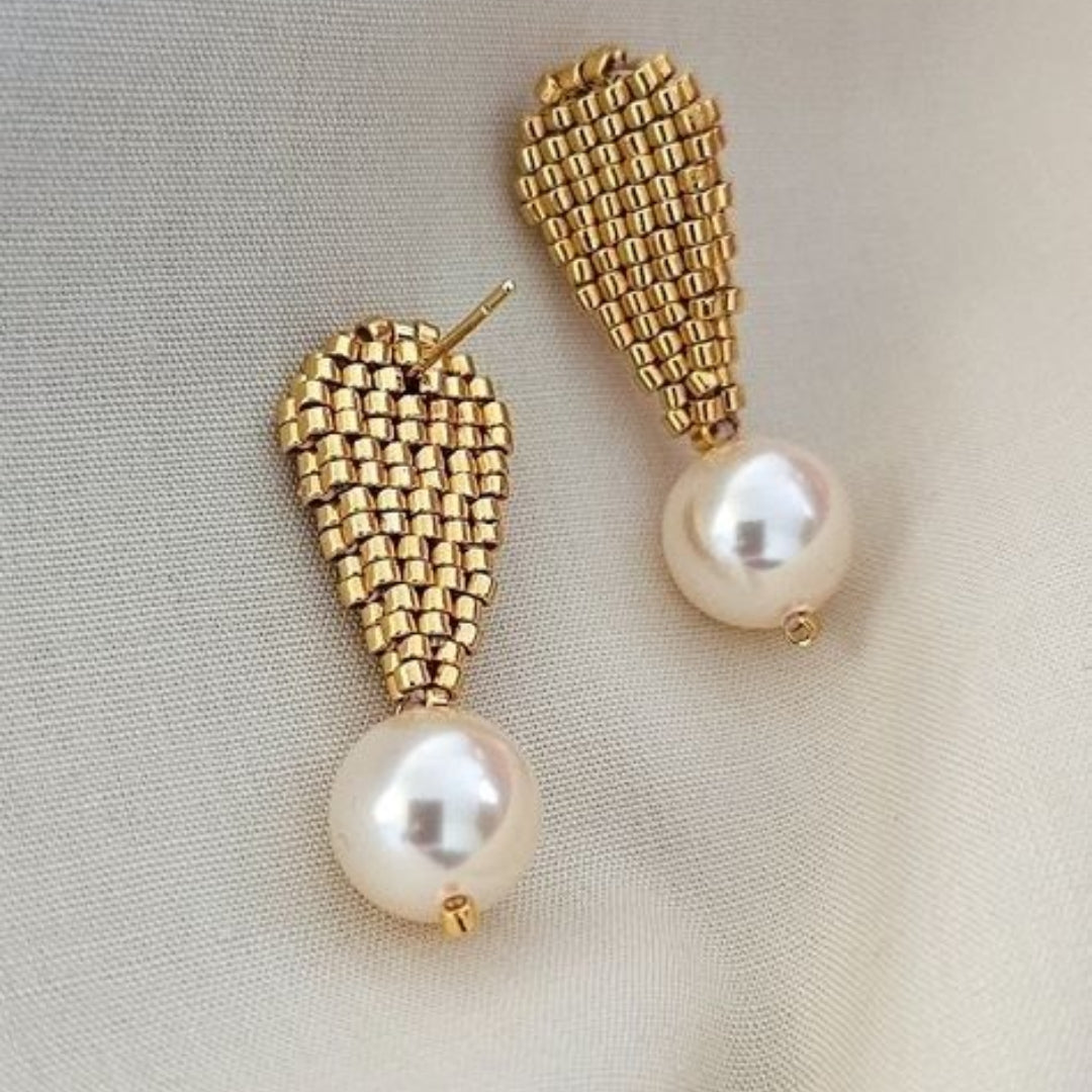Golden & White Bead Earrings