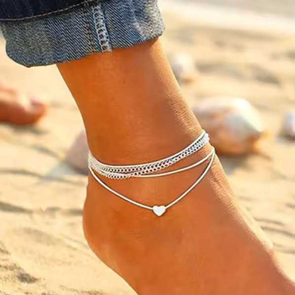 Bohemian Multi Strand Ankle Bracelet For Women With Silver Plated Heart