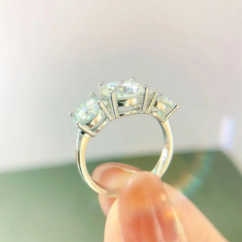 Real D Color VVS1 Round 2.0ctw Moissanite 3-Stone Ring 925 Pure Silver Jewelry Certified for Women Wedding Engagement Gift