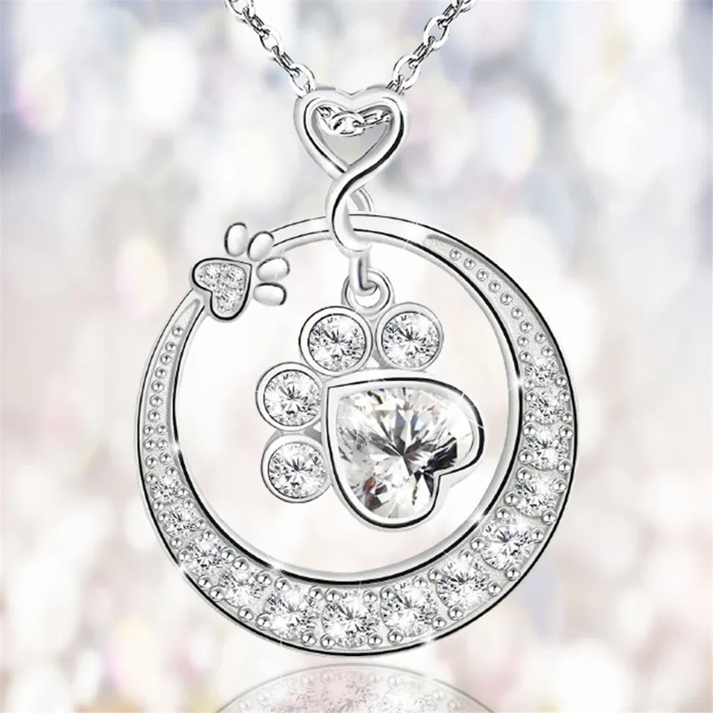 Cute Paw Print Necklace Silver with Cubic Zirconia
