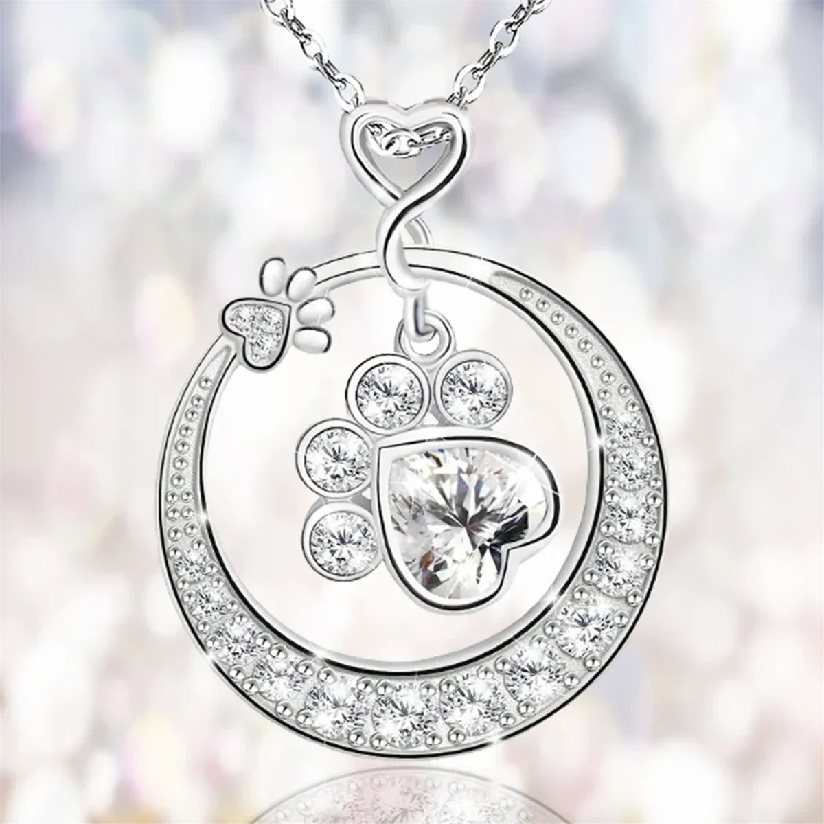 Cute Paw Print Necklace Silver with Cubic Zirconia