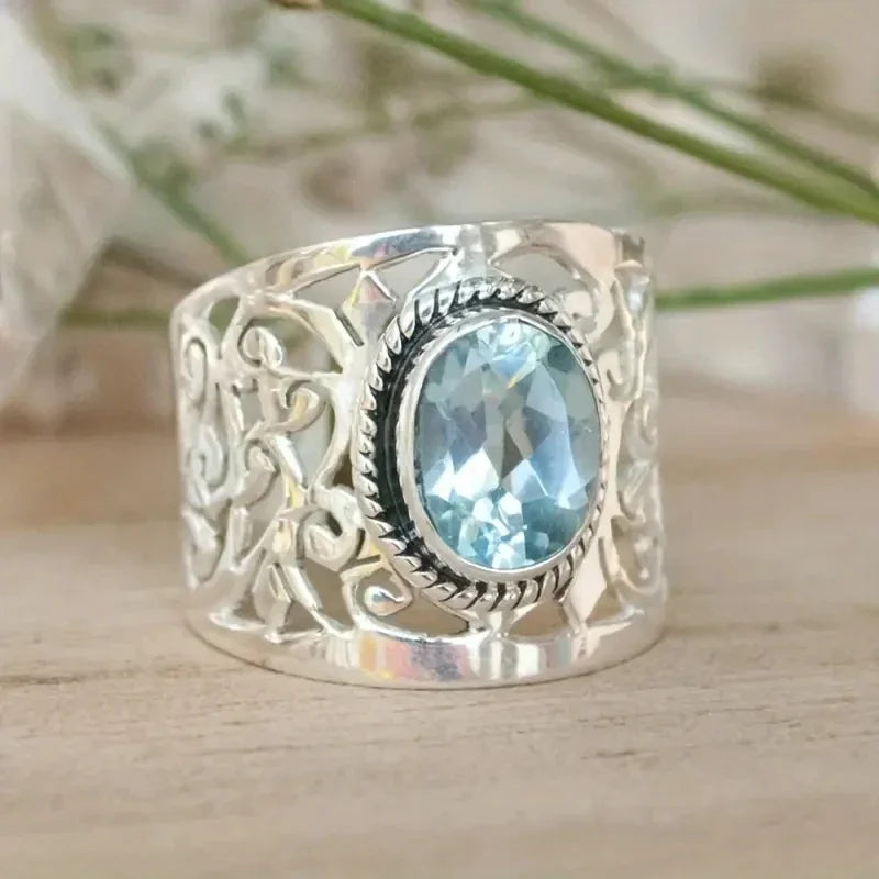 Vintage Silver & Blue Topaz Wide Band Ring