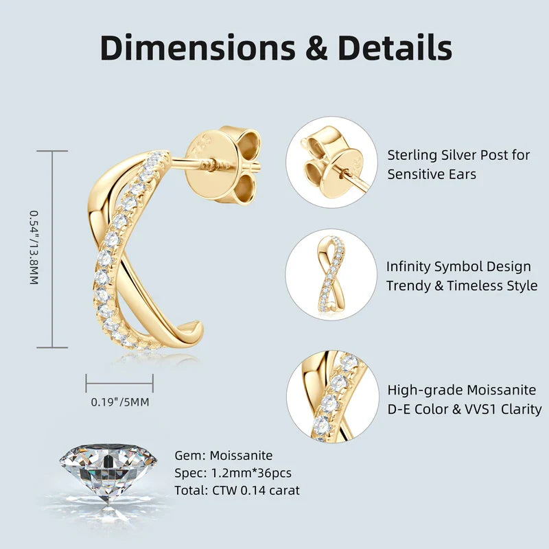 Infinity Half Hoop Earrings Full D Moissanite Diamond Stud Earrings for Women Silver 925 Jewelry Engagement Wedding Gift
