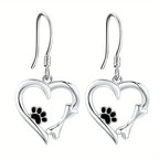 Silver Drop Earrings with Heart & Paw Design