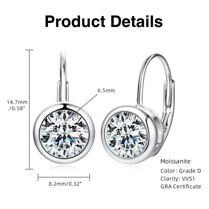 D Color Moissanite Clip Earrings for Girls 6.5mm/8mm Moissanite Diamond Round Earrings Silver 925 Jewelry Wedding Gift