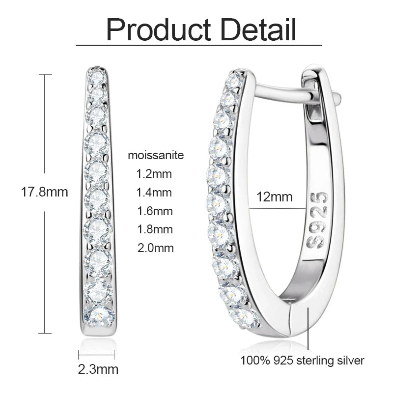 S925 All D Moissanite Clip Earrings U Shaped Hoop Huggie 925 Silver for Woman Certified Fine Jewelry Wedding Birthday Gift