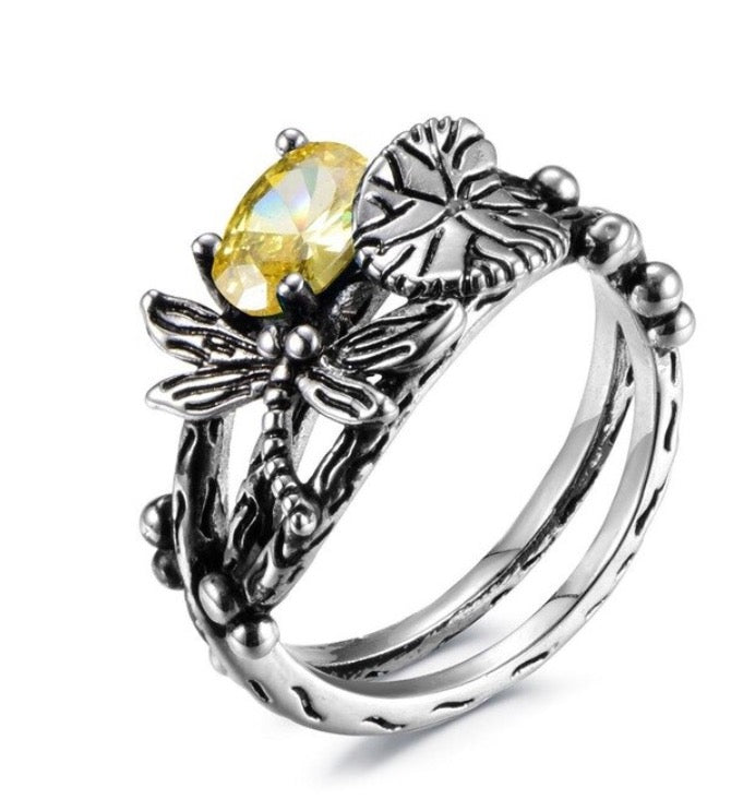 Handmade Lotus Gem Dragonfly Ring