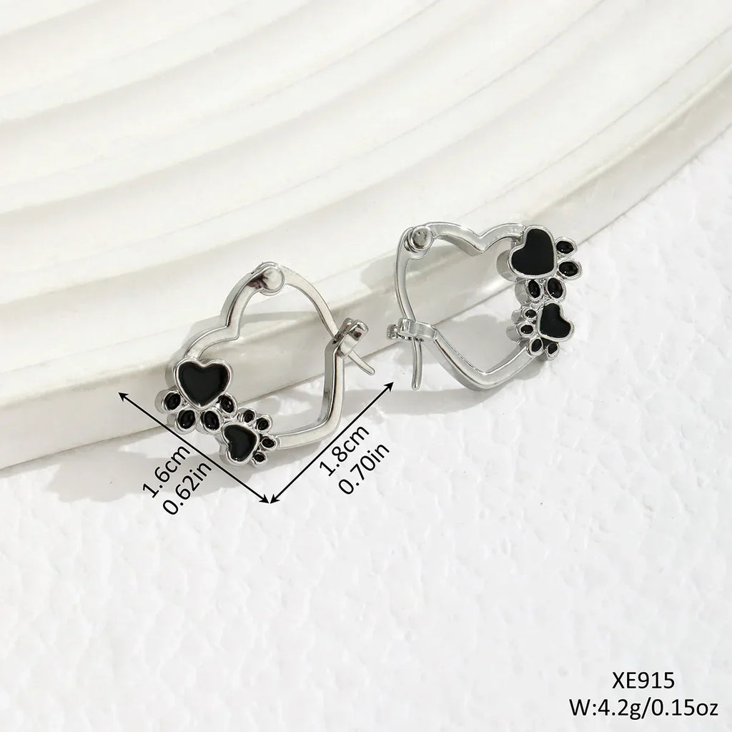 Heart Paw Huggie Earrings with Black Enamel