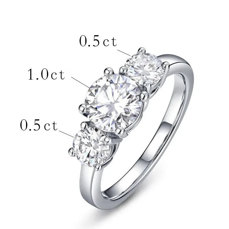 Real D Color VVS1 Round 2.0ctw Moissanite 3-Stone Ring 925 Pure Silver Jewelry Certified for Women Wedding Engagement Gift