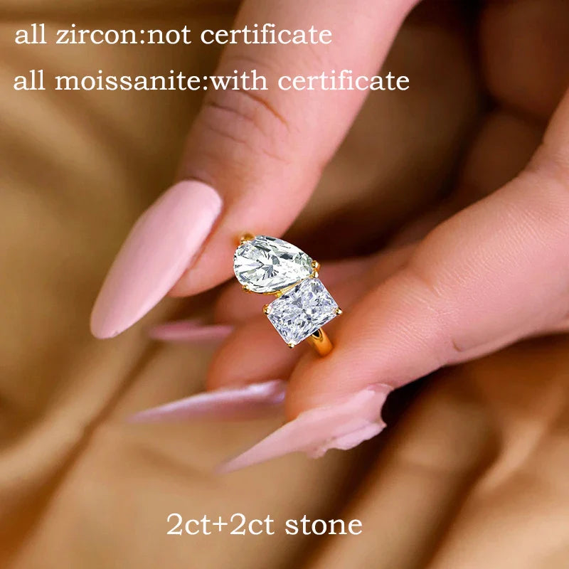Pear Cut Zircon Moissanite Wedding Women Rings 2 Gems 4cttw Lab Diamond Band S925 Sterling Silver Jewelry Plated 18K