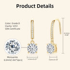 6.5mm 1.0carat D Color Moissanite Dangle Hook Earrings for Women Engagement 925 Sterling Silver High Quality Fine Jewelry