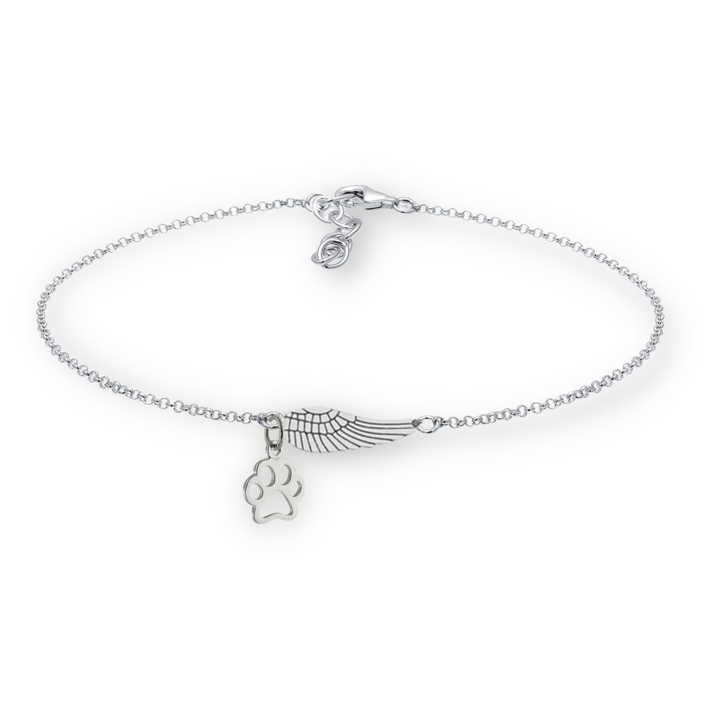Silver Memorial Bracelet with Angel Wing & Paw Print