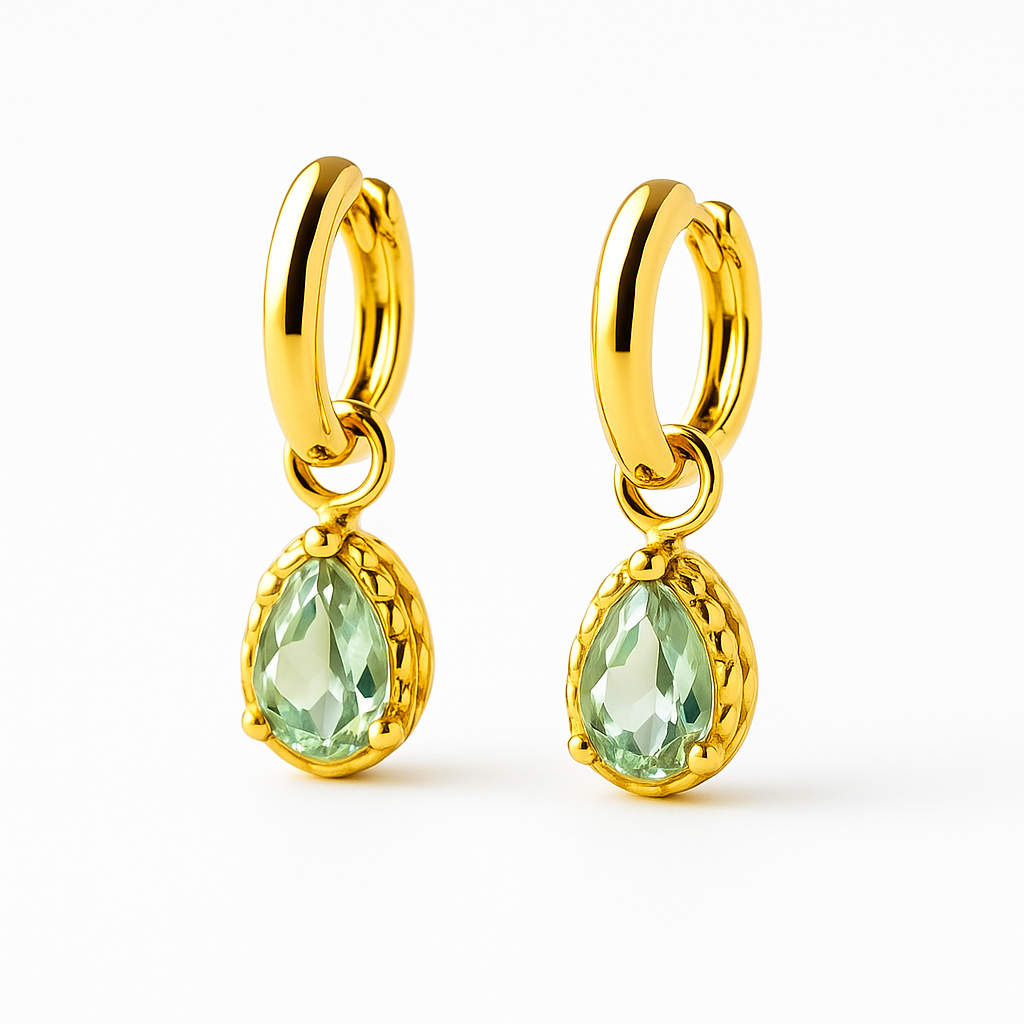 Green Amethyst Drop Hoop 14K Gold Earrings