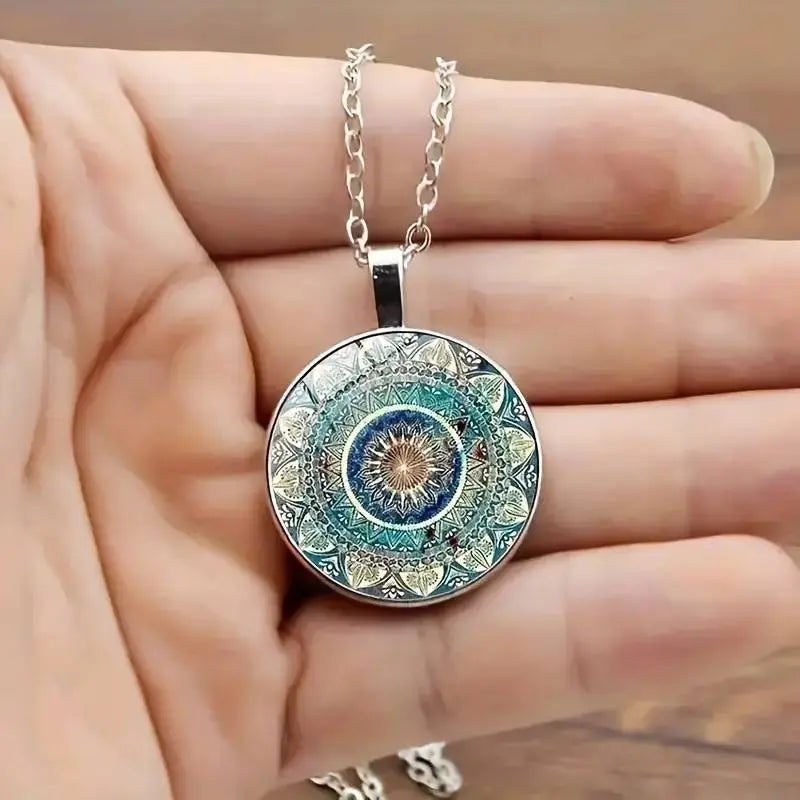 Vintage rounded blue pendant with mandala