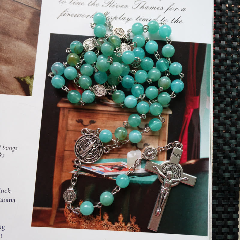 Olivenorma Amazonite Medal Cross Rosary Pendant Necklace