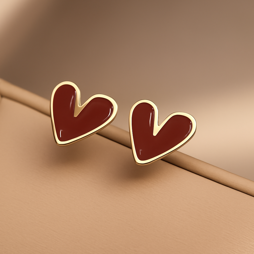 Red Heart Enamel Gold Earrings
