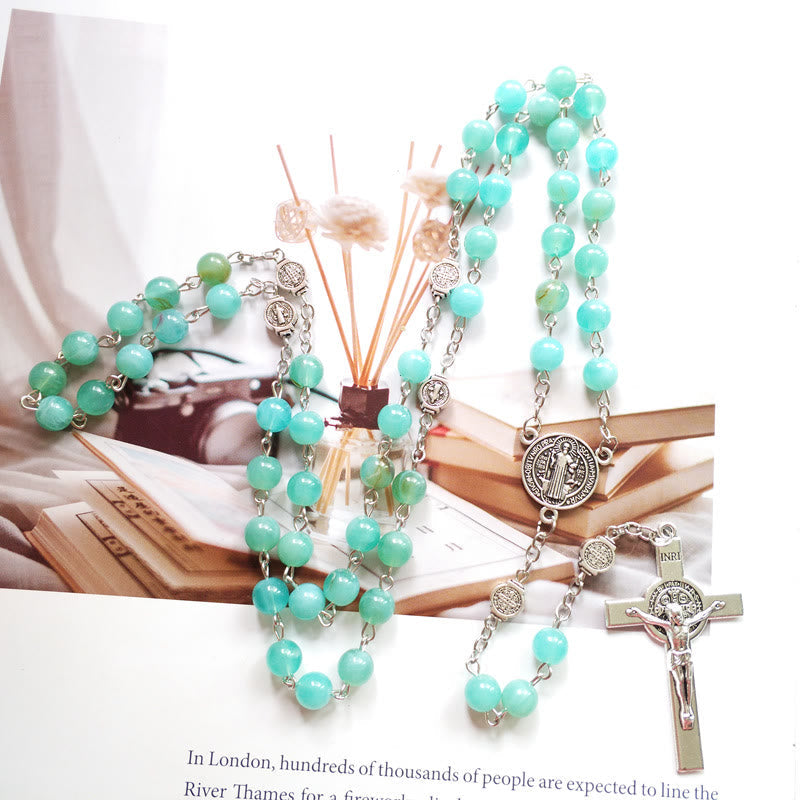 Olivenorma Amazonite Medal Cross Rosary Pendant Necklace