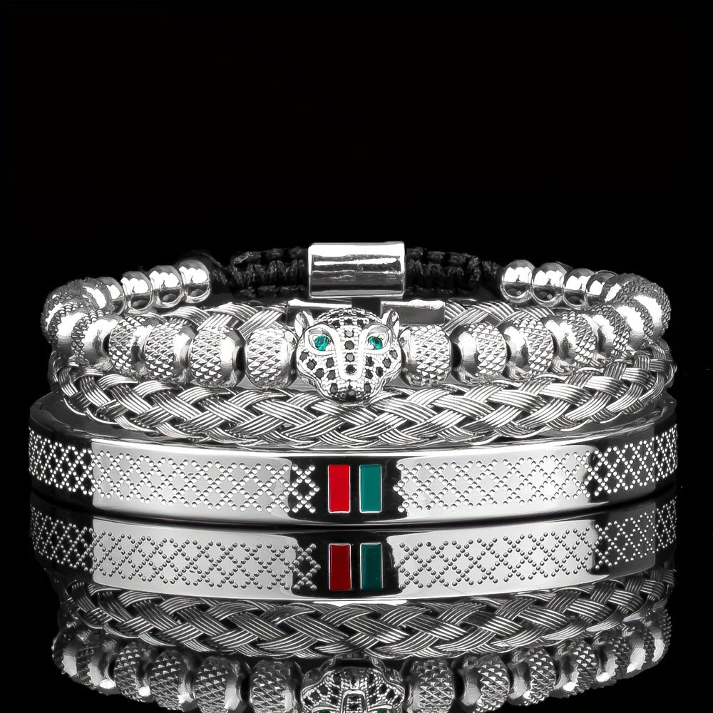 Men's Braided CZ Leopard Head Bracelet Stainless Steel Jewelry