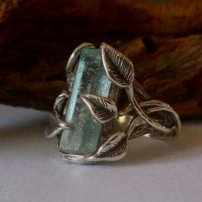 Rectangular Nature Green Silver Ring