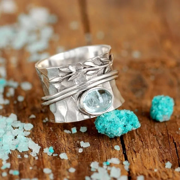 Aquamarine Leaf Spinner ring