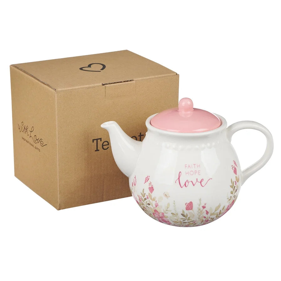 Pink Faith, Hope, Love Ceramic Teapot