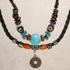 Adjustable Coconut Shell Necklace Turquoise Stone Lucky Coin Pendant