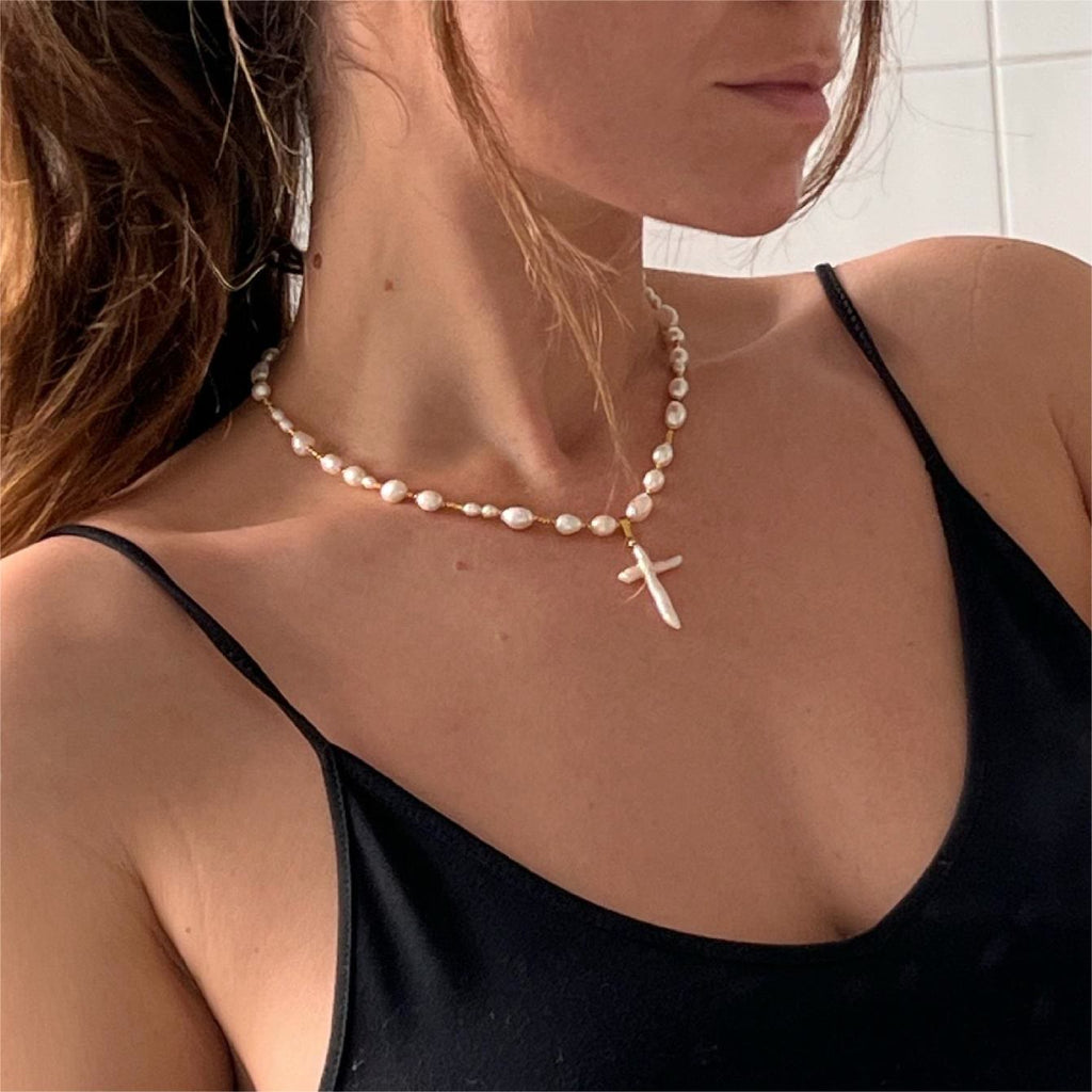 Olivenorma Freshwater Pearl Cross Pendant Necklace