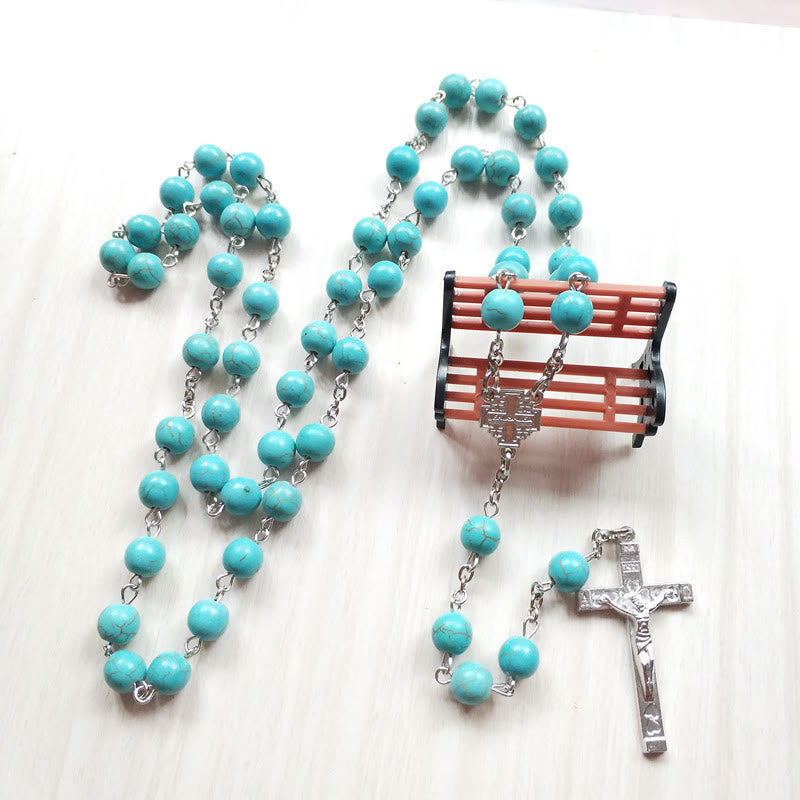 Olivenorma Turquoise Cross Charm Rosary Necklace