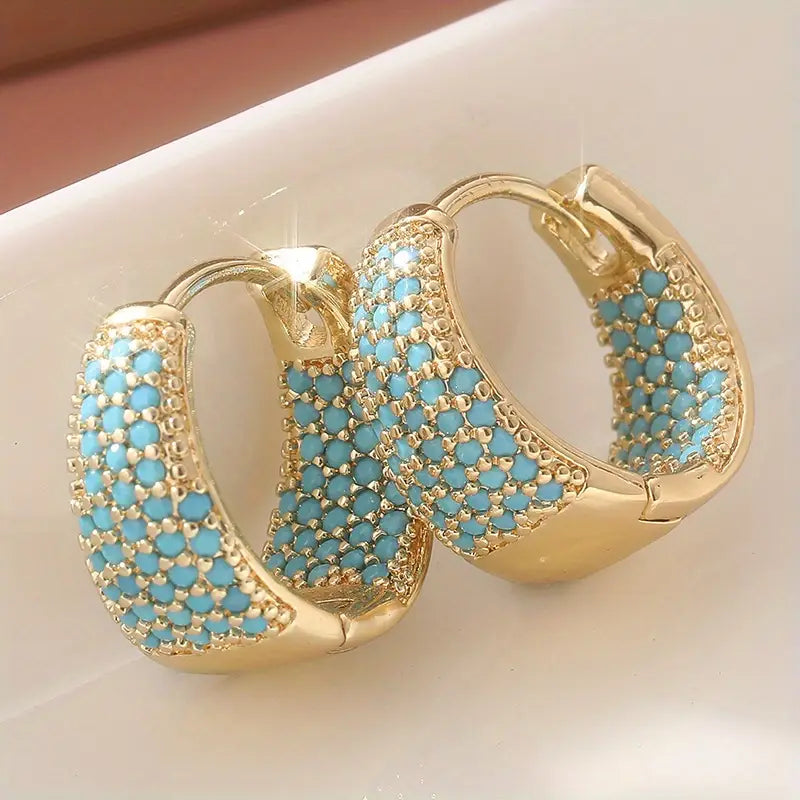 Turquoise Beaded Hoop Earrings - Gold Tone