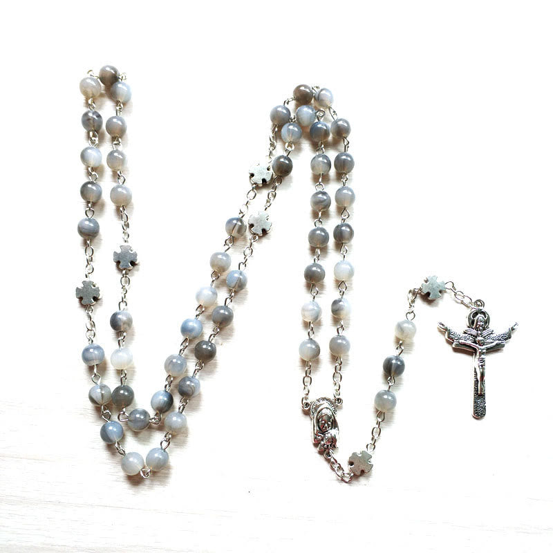Olivenorma Gray Moonstone Jesus Cross Rosary Necklace