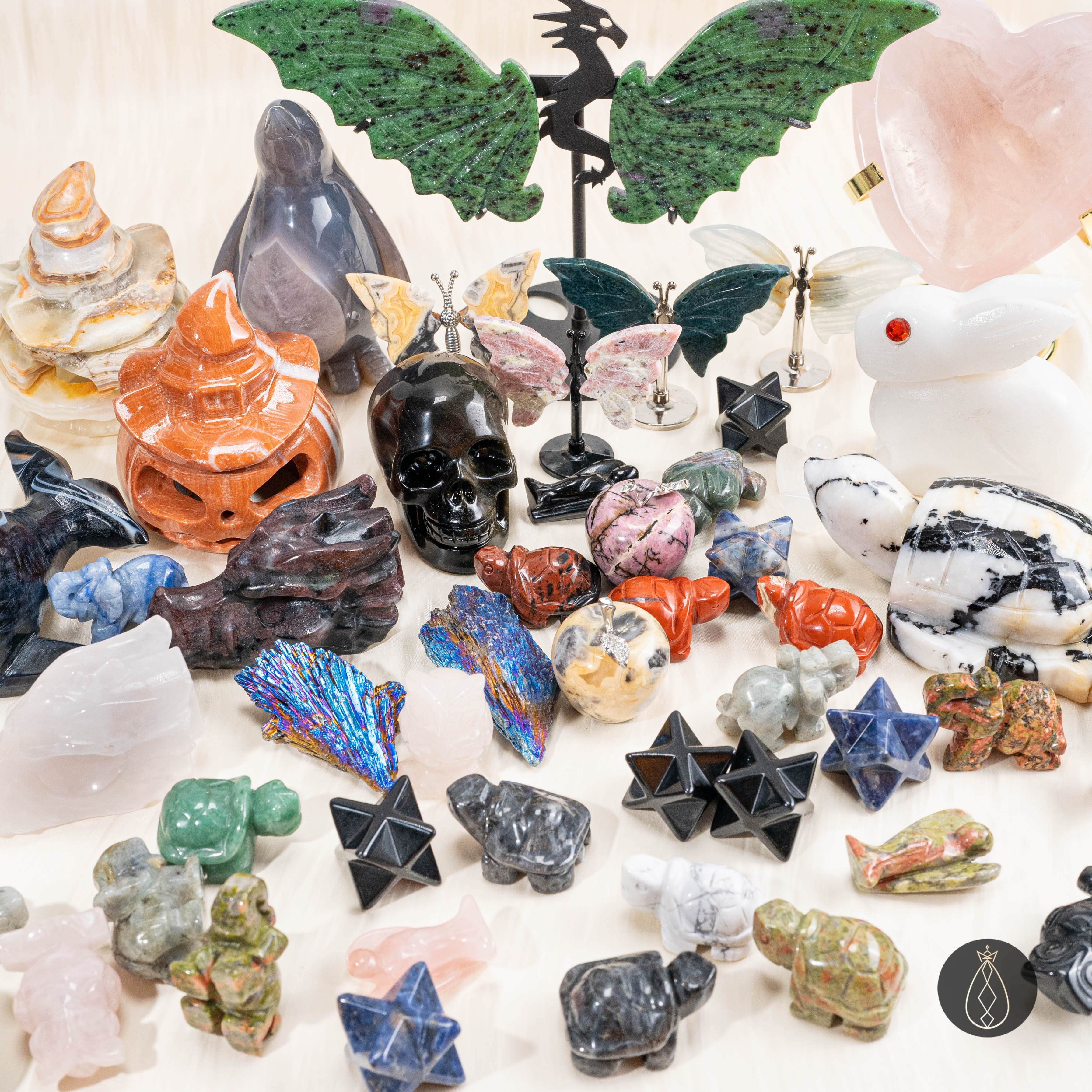 Crystal Stone Carvings Set - Angels, Turtles, Elephants, Owls, etc