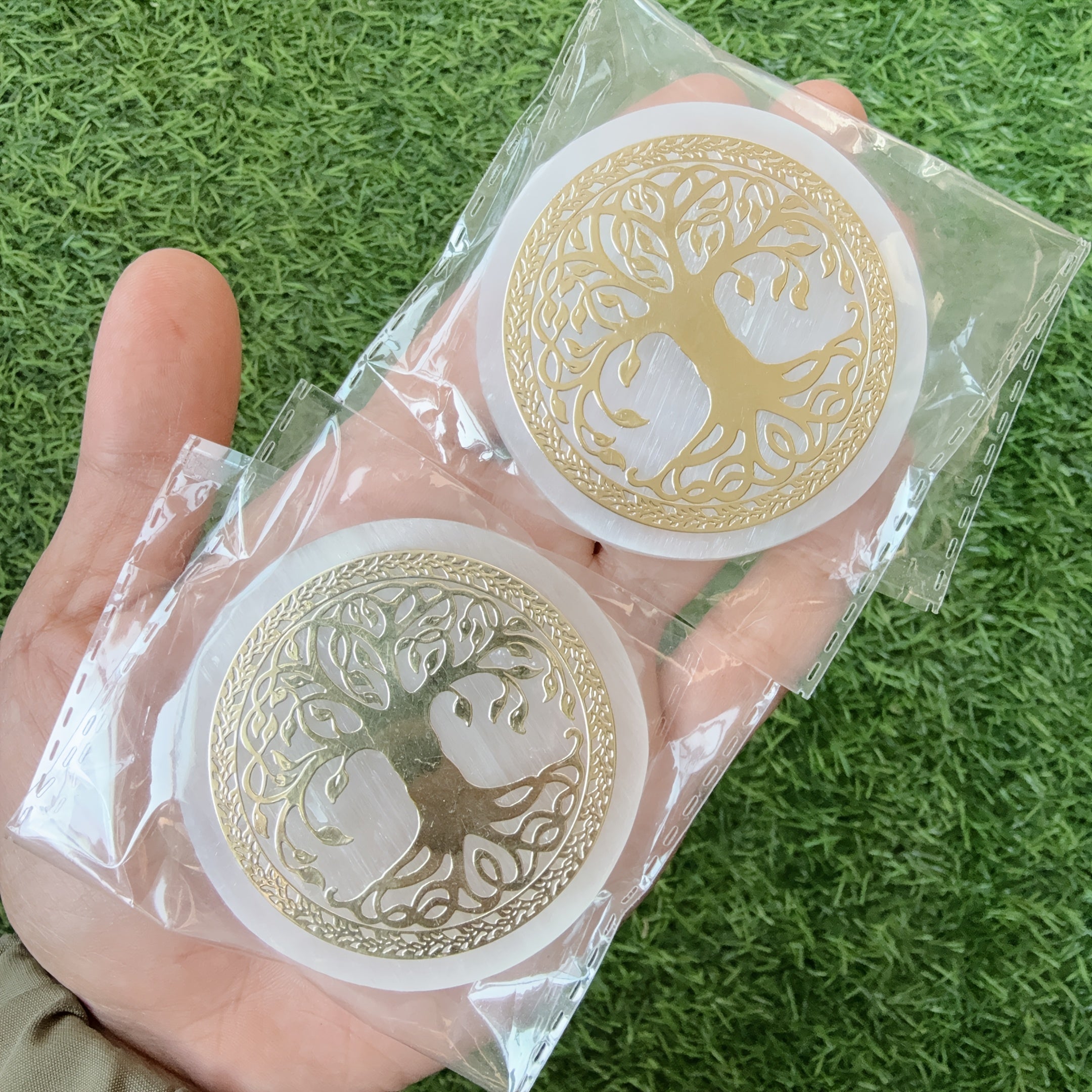 Selenite Engraved Tree of Life Plate 6Cm Selenite Slab Gift
