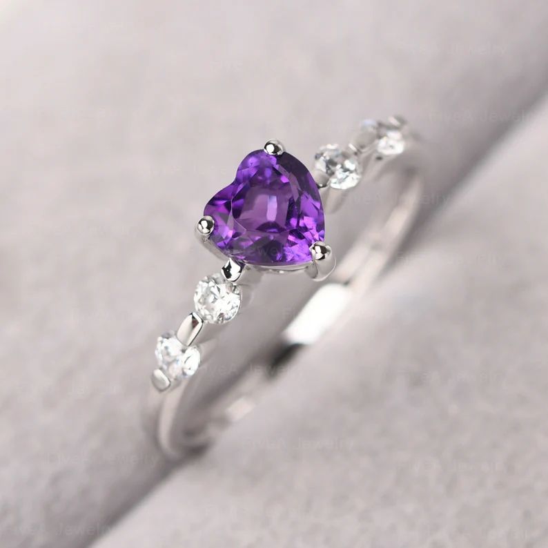 Violet Crystal Heart Silver Ring