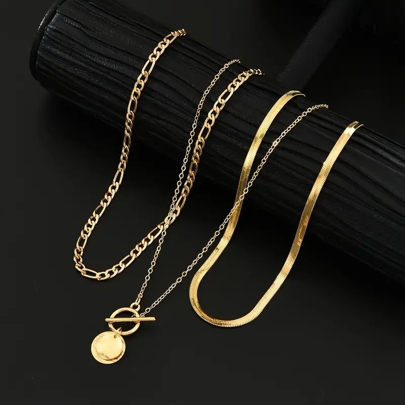 Gold Textured Coin Layered Necklace