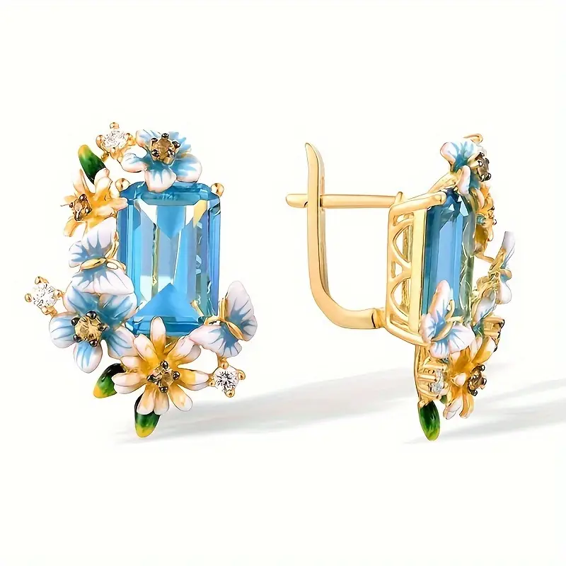 Blue Crystal Blossom Gold Earrings