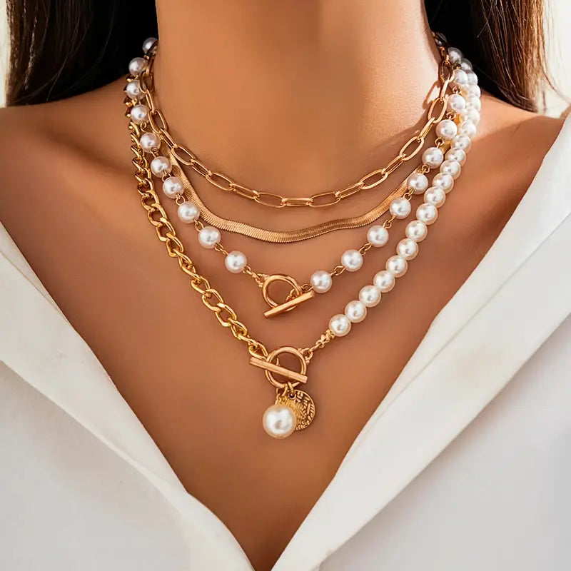 Elegant Pearl & Gold Snake Chain Necklace Set
