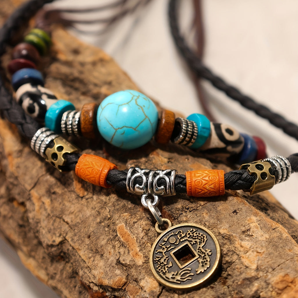 Adjustable Coconut Shell Necklace Turquoise Stone Lucky Coin Pendant