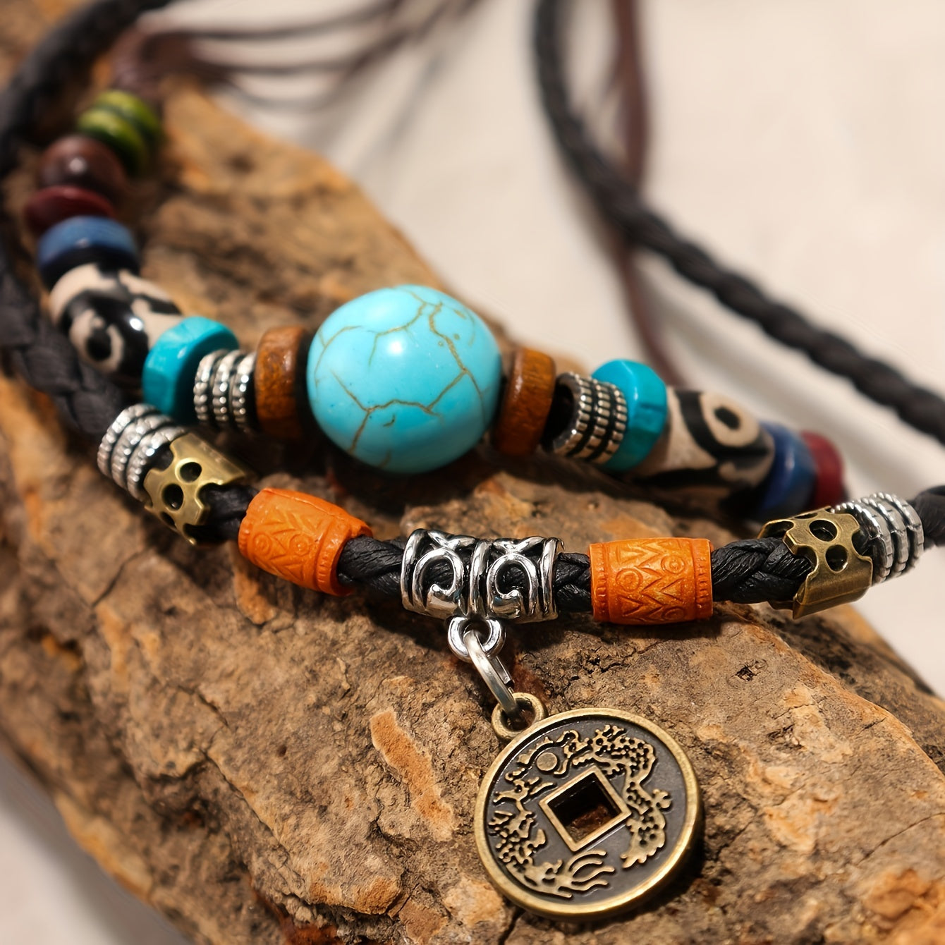 Adjustable Coconut Shell Necklace Turquoise Stone Lucky Coin Pendant