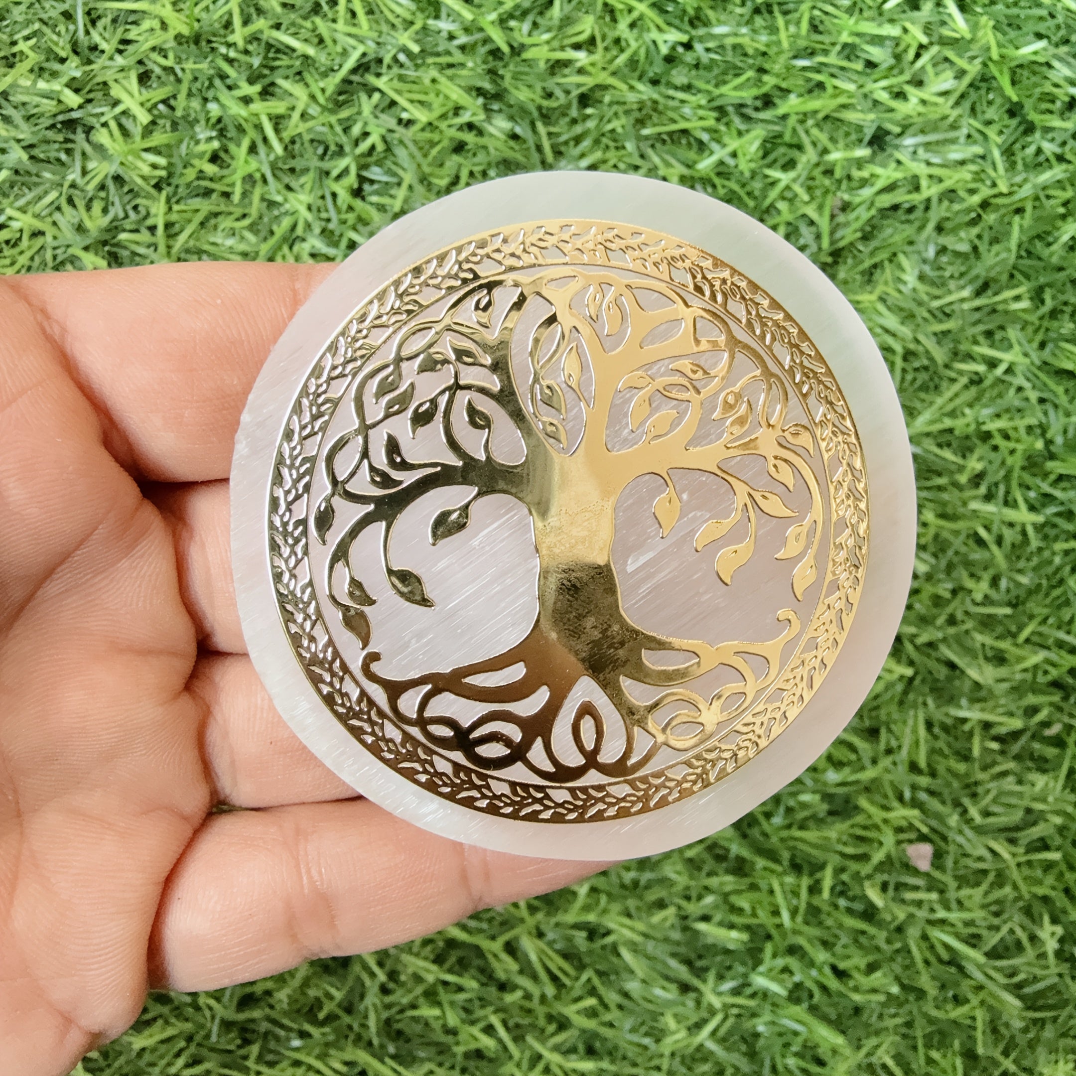 Selenite Engraved Tree of Life Plate 6Cm Selenite Slab Gift