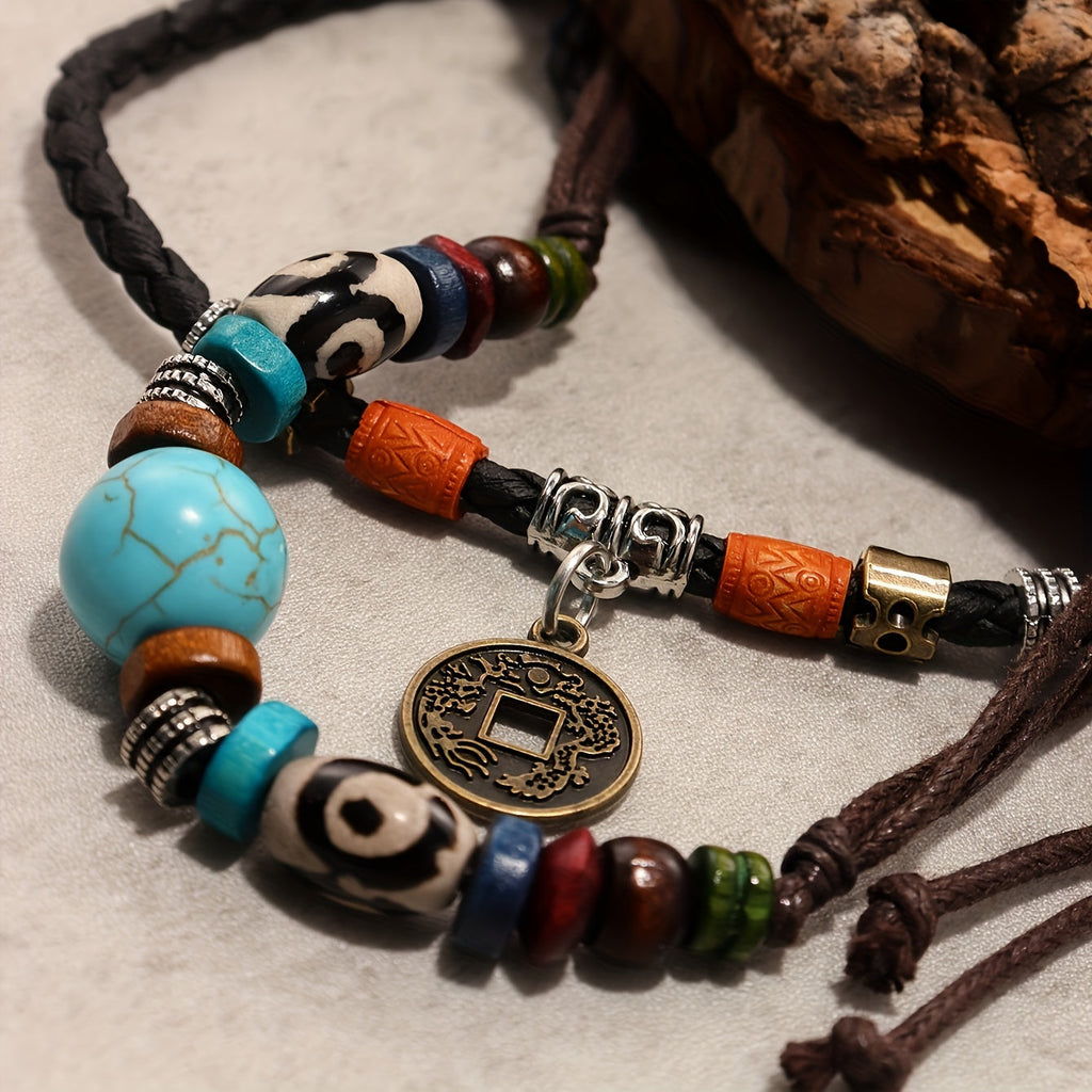 Adjustable Coconut Shell Necklace Turquoise Stone Lucky Coin Pendant