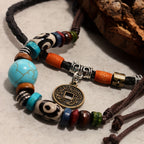 Adjustable Coconut Shell Necklace Turquoise Stone Lucky Coin Pendant