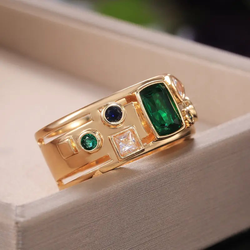 Green Inlaid Cubic Crystals Gold Ring