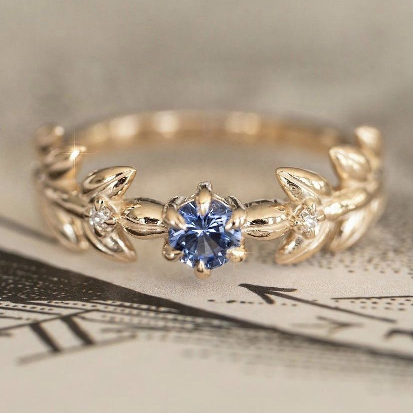 Golden Leaf Blue Crystal Ring