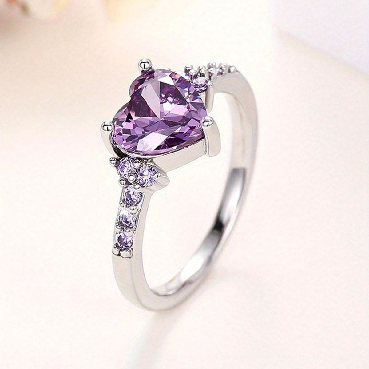 Purple Crystal Heart Silvered Ring